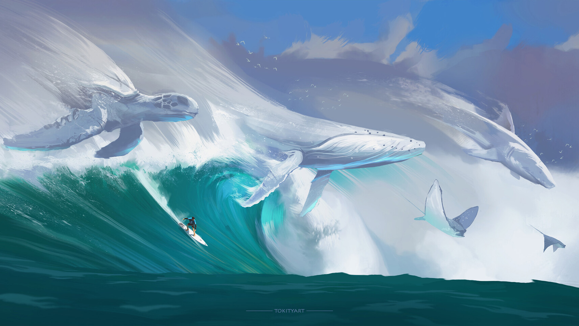 鲸鱼海龟海鸥冲浪动漫风2k壁纸